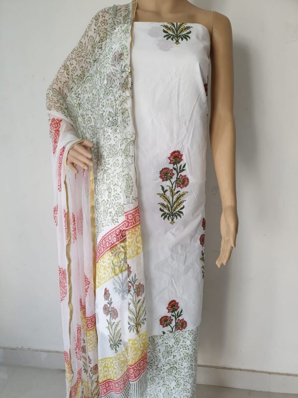 Dress material white mugal print zari border pure chiffon dupatta cotton salwar kameez set