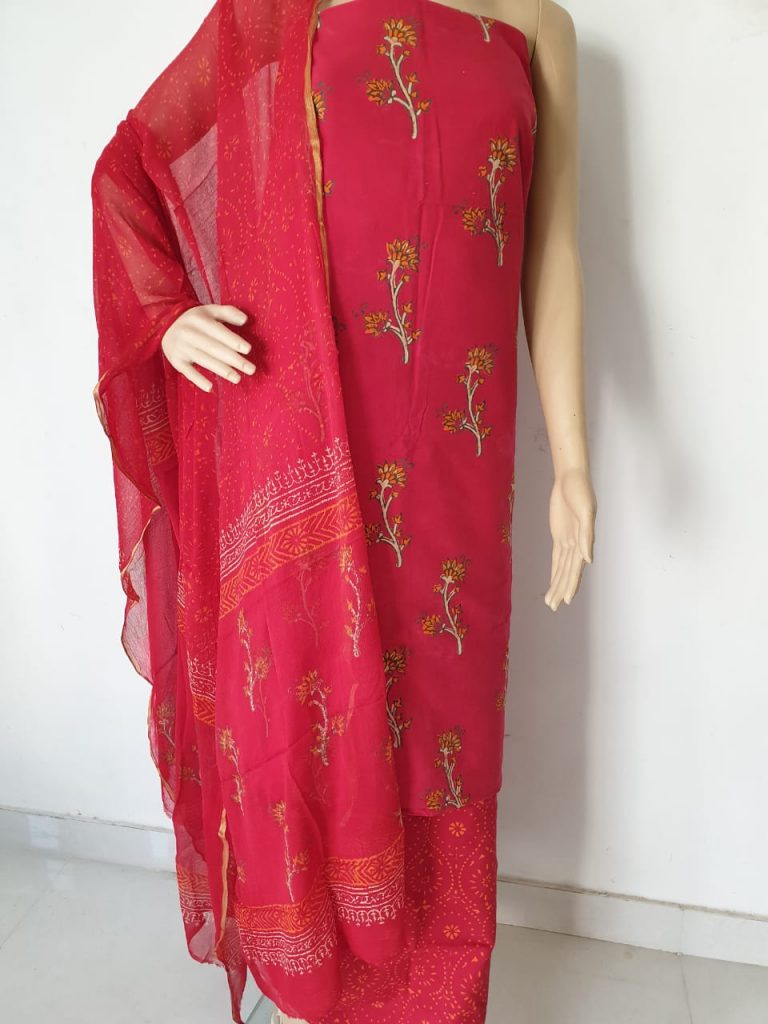 Ladies red discharge bagru print zari border pure chiffon dupatta Pure cotton salwar suit