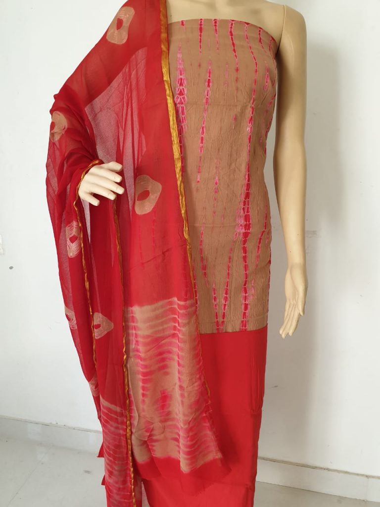 Jaipuri red shibori print zari border pure chiffon dupatta pure cotton salwar suit set