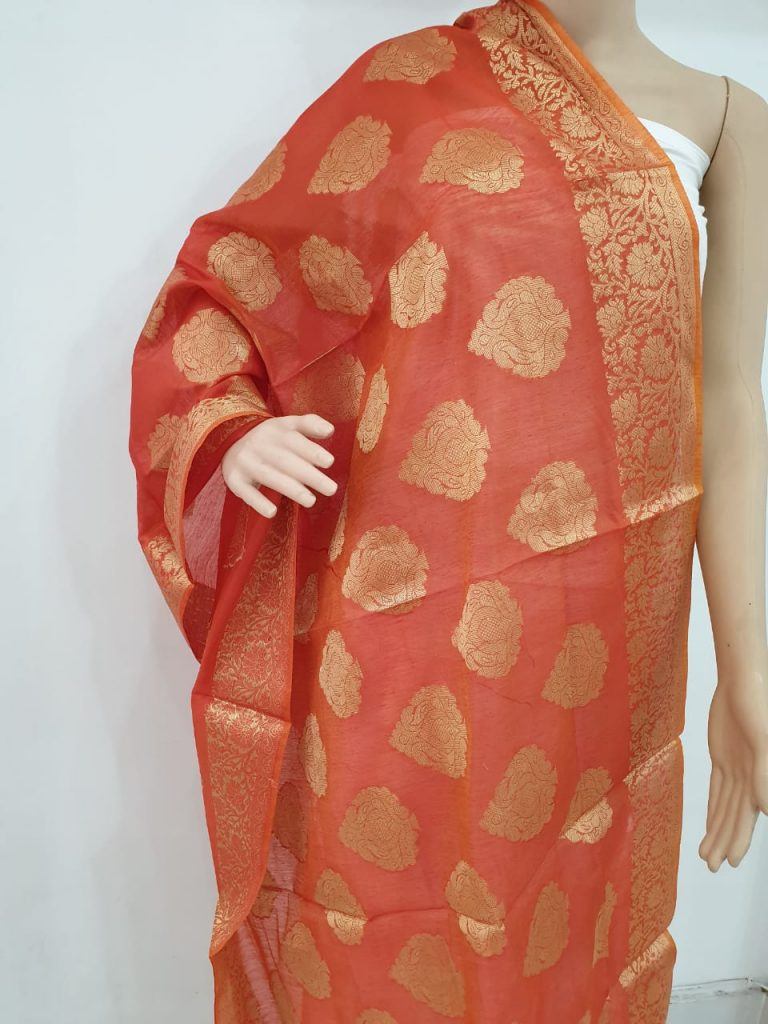 Exclusive red bagru print Jakard golden work pure cotton dupatta