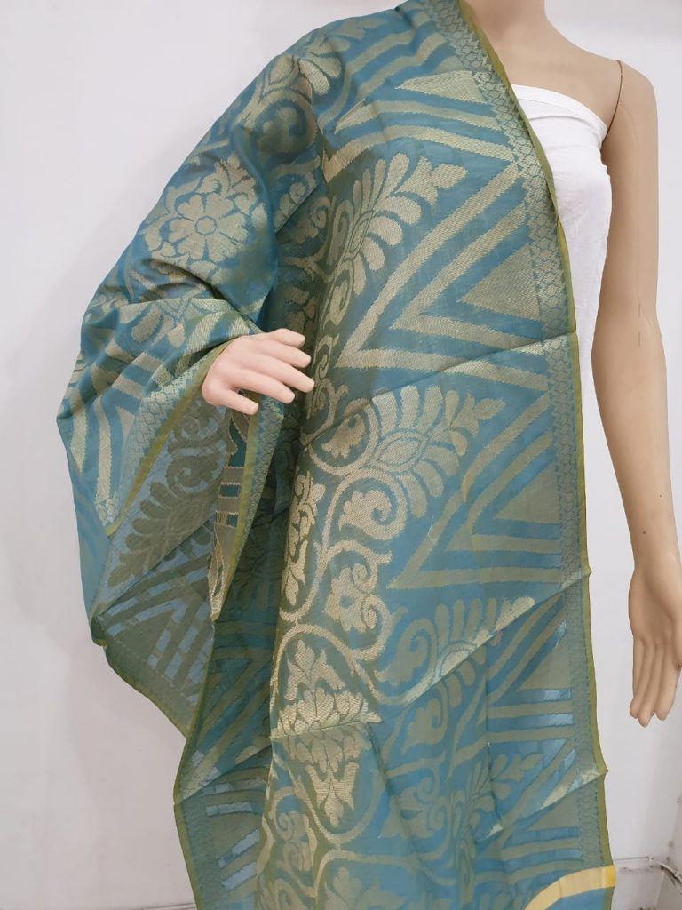 Traditional blue-green party wear Jakard golden work dupatta and Synthetic banarasi dupatta