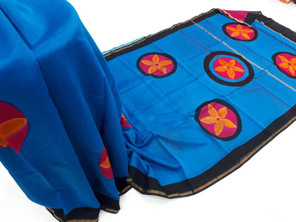Azure prussian color bagru print casual wear chanderi silk sarees