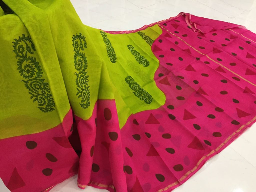 Half hlaf chartreuse prussian bagru print casual wear color chanderi silk sarees
