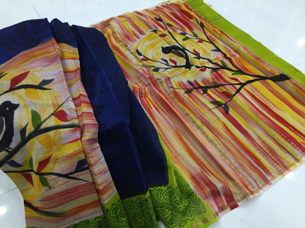 Indigo prussian color bagru print casual wear chanderi silk sarees