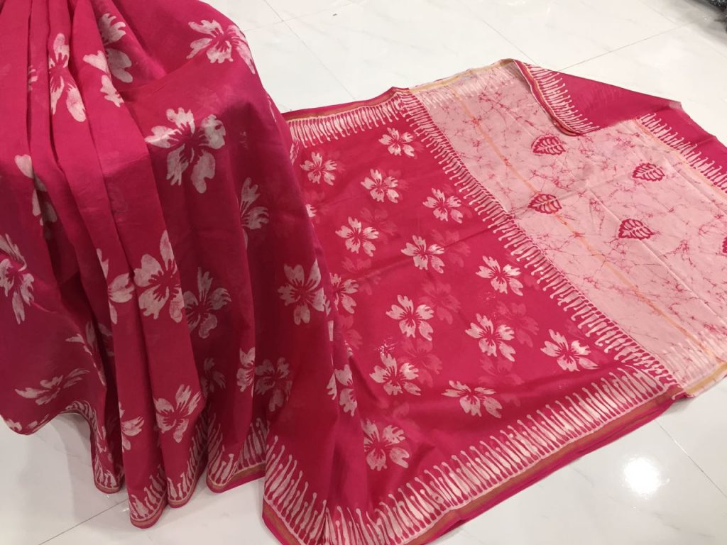 Crimson prussian color bagru print casual wear chanderi silk sarees