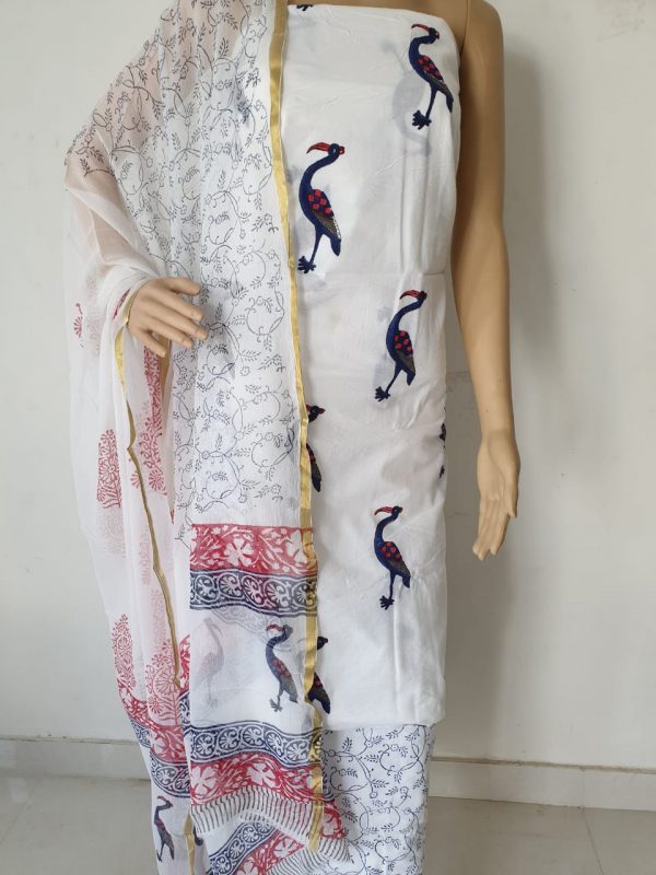 Dress material white crane print zari border pure chiffon dupatta pure cotton salwar kameez set