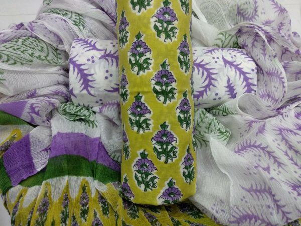 Golden rapid flower print pure cotton salwar suit with chiffon dupatta