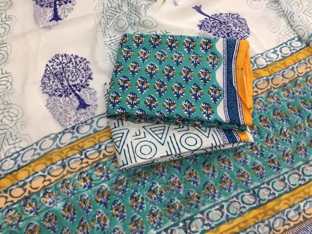 Unstitched teal rapid booty print cotton salwar kameez set with chiffon dupatta