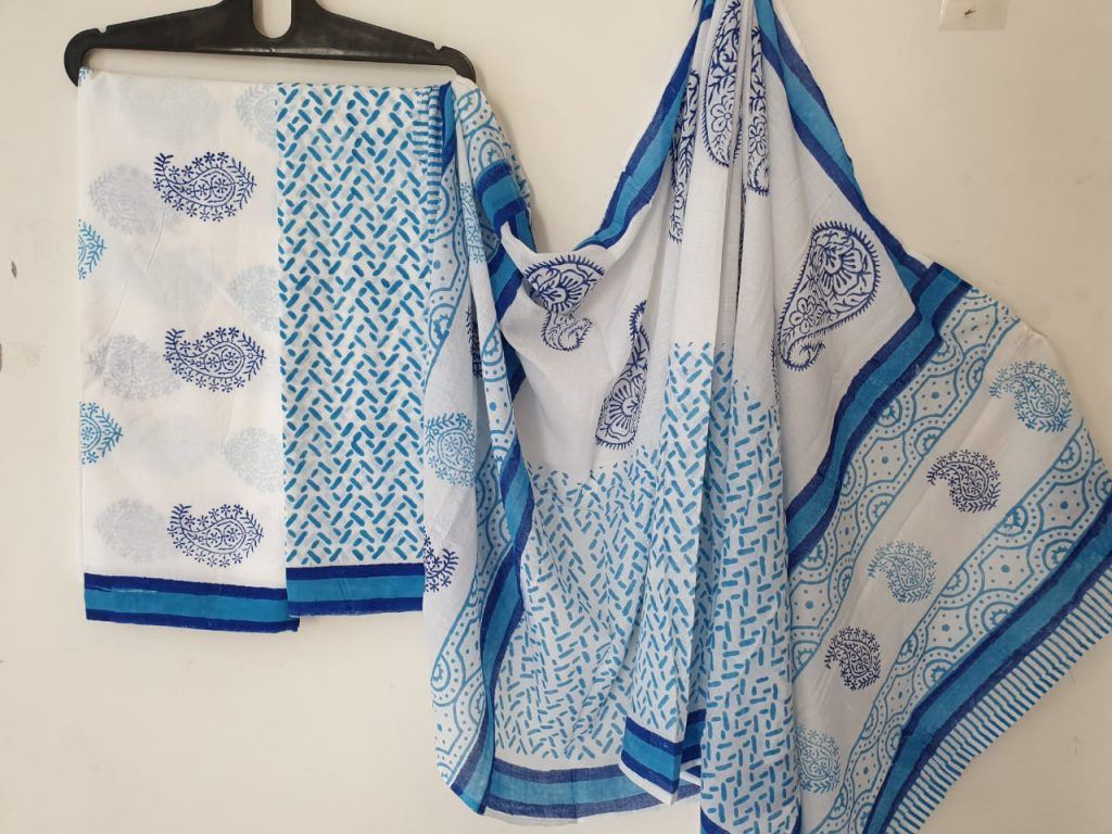 Natural white mugal print cotton salwar kameez set with pure mulmul dupatta