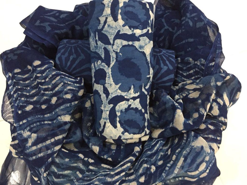 Natural indigo dabu floral print cotton salwar suit  with pure chiffon dupatta