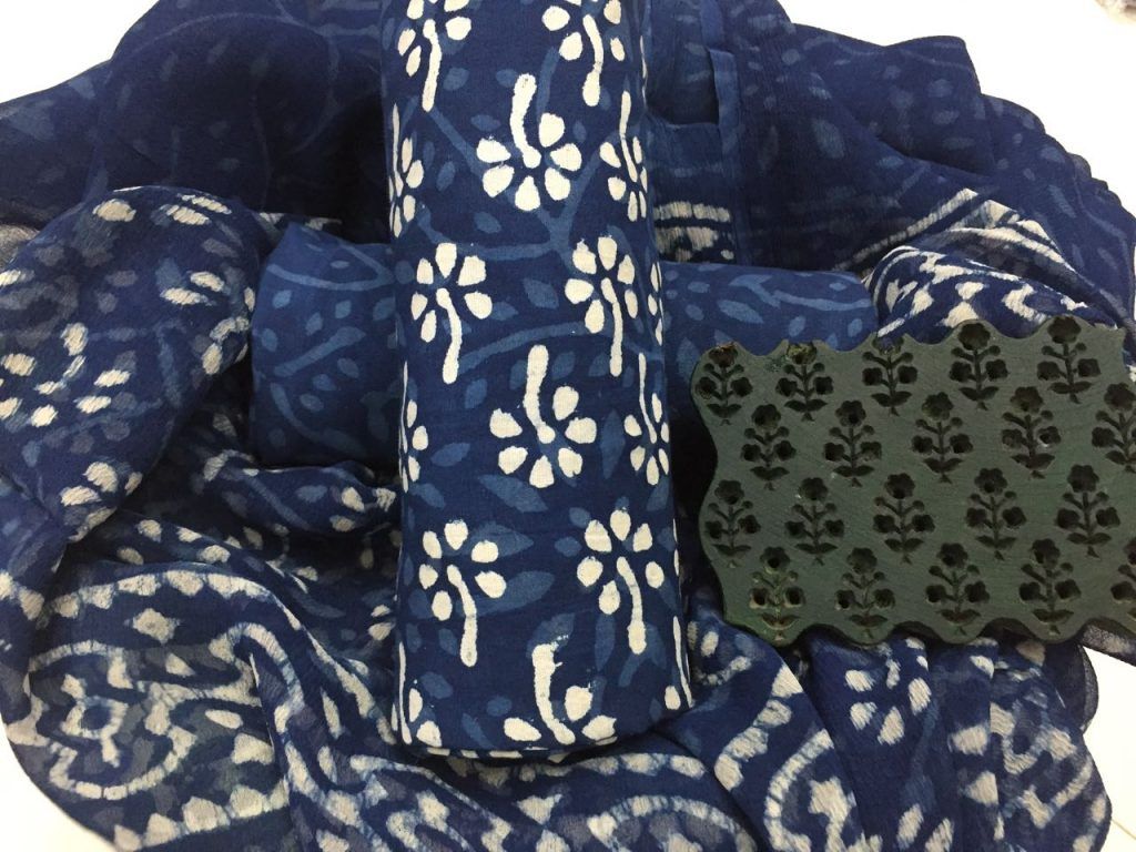 Superior quality indigo dabu booty print cotton suit with chiffon dupatta