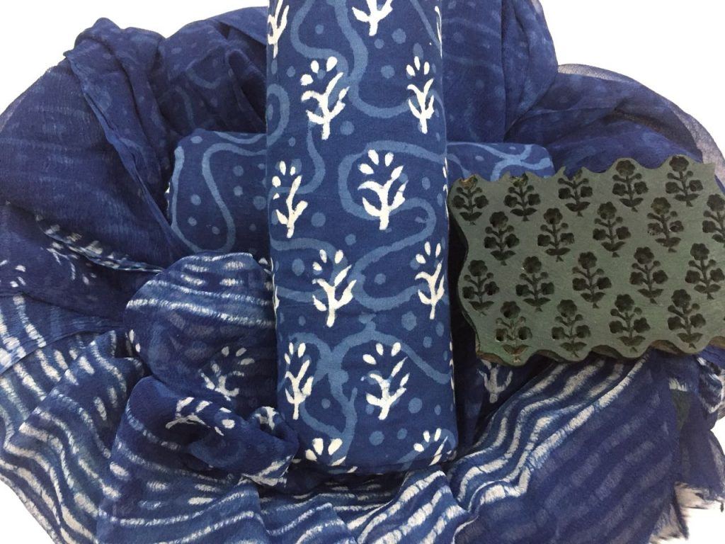 Superior quality dabu booty print cotton suit with chiffon dupatta