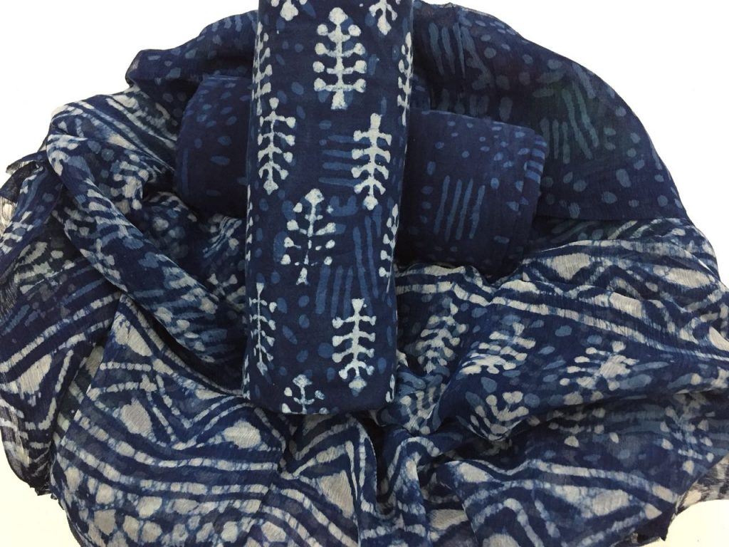 Natural indigo dabu booty print cotton salwar suit set with pure chiffon chunni