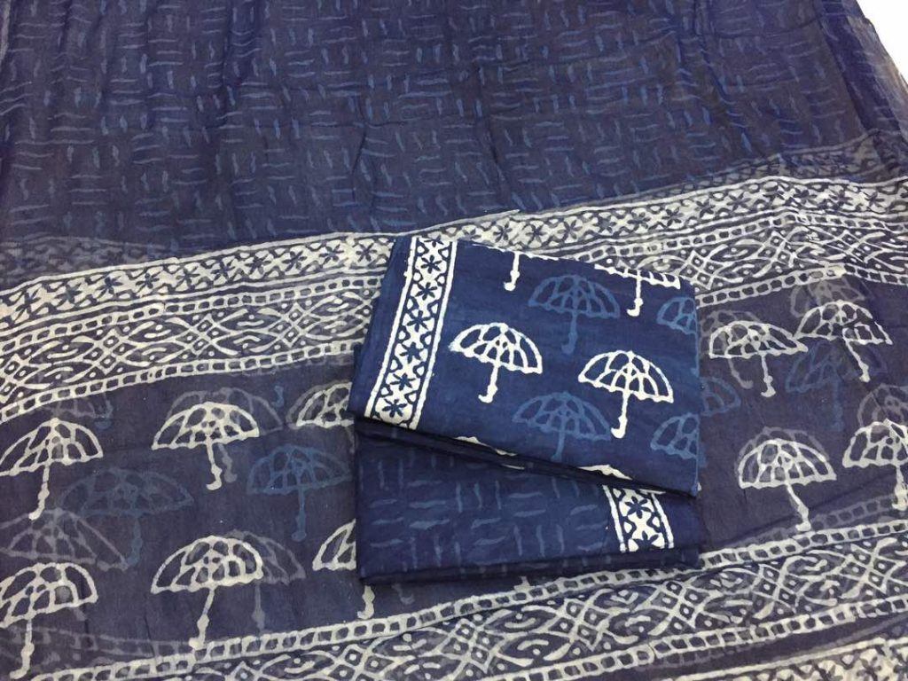 Traditional indigo dabu umbrella print pure chiffon chunni cotton chudidhar