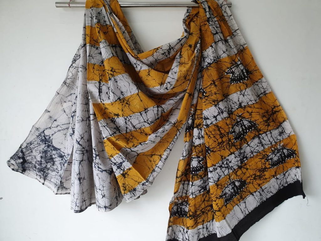 Traditional yellow batik print Cotton malmal saree with blouse