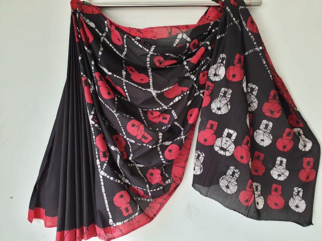 Natural black bagru print Pure Cotton malmal saree with blouse