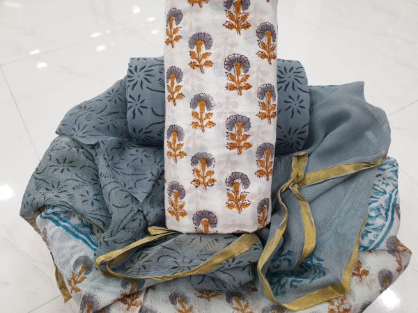 Exclusive silver bagru booty print zari border pure chiffon dupatta Pure cotton salwar suit set