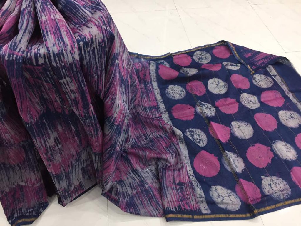 Purple dabu ploka dots print casual wear chanderi silk saree with blouse