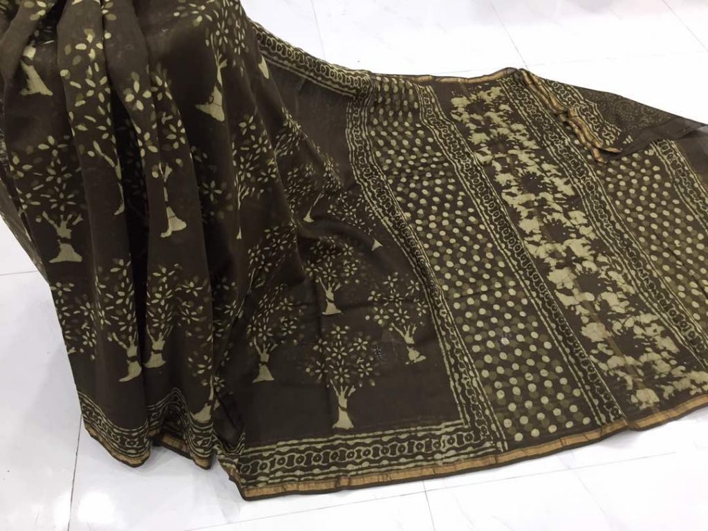 Jaipuri black dabu tree print casual wear chanderi silk saree with blouse