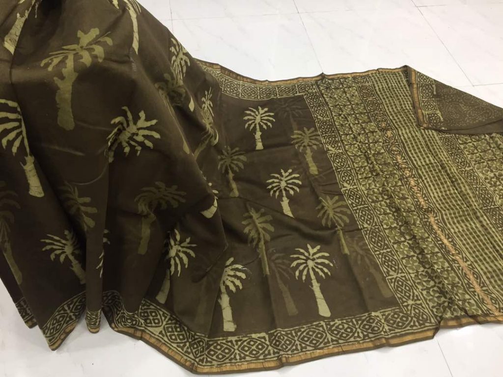Ladies olive dabu tree print casual wear chanderi silk saree with blouse