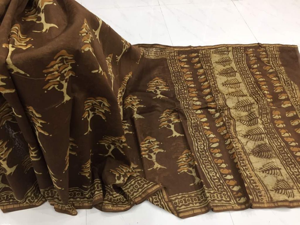 Natural brown dabu tree print casual wear chanderi silk saree with blouse