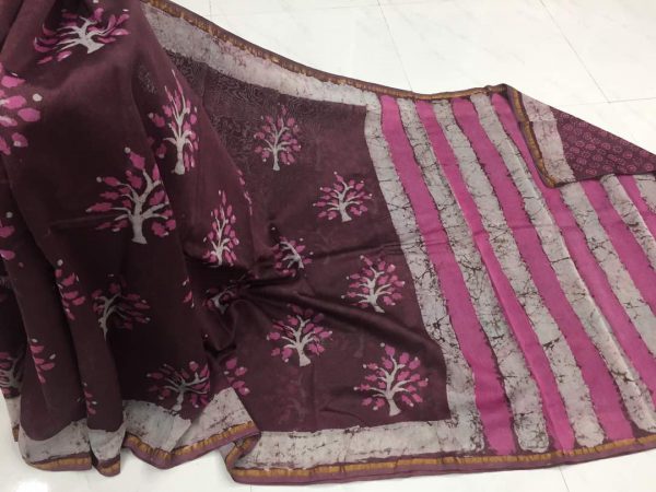 Ladies maroon dabu tree print casual wear chanderi silk saree with blouse