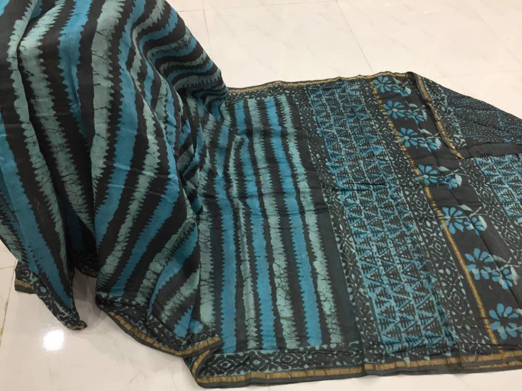 Black-blue dabu strips print casual wear chanderi silk saree with blouse