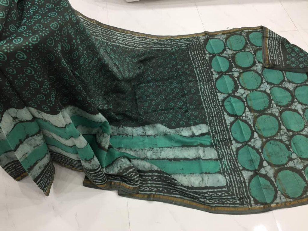 Jungle-green dabu print casual wear chanderi silk saree with blouse