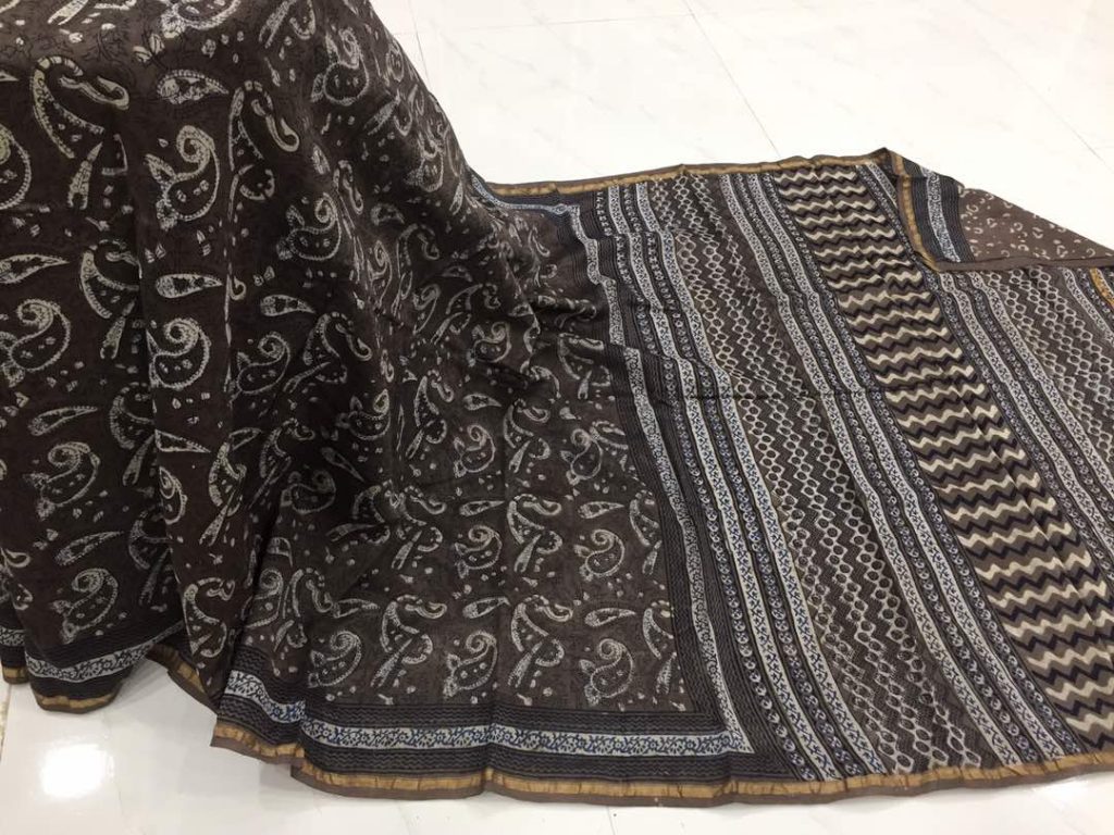 Natural taupe dabu print casual wear chanderi silk saree with blouse