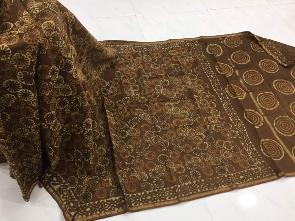Brown dabu circle print casual wear chanderi silk saree with blouse