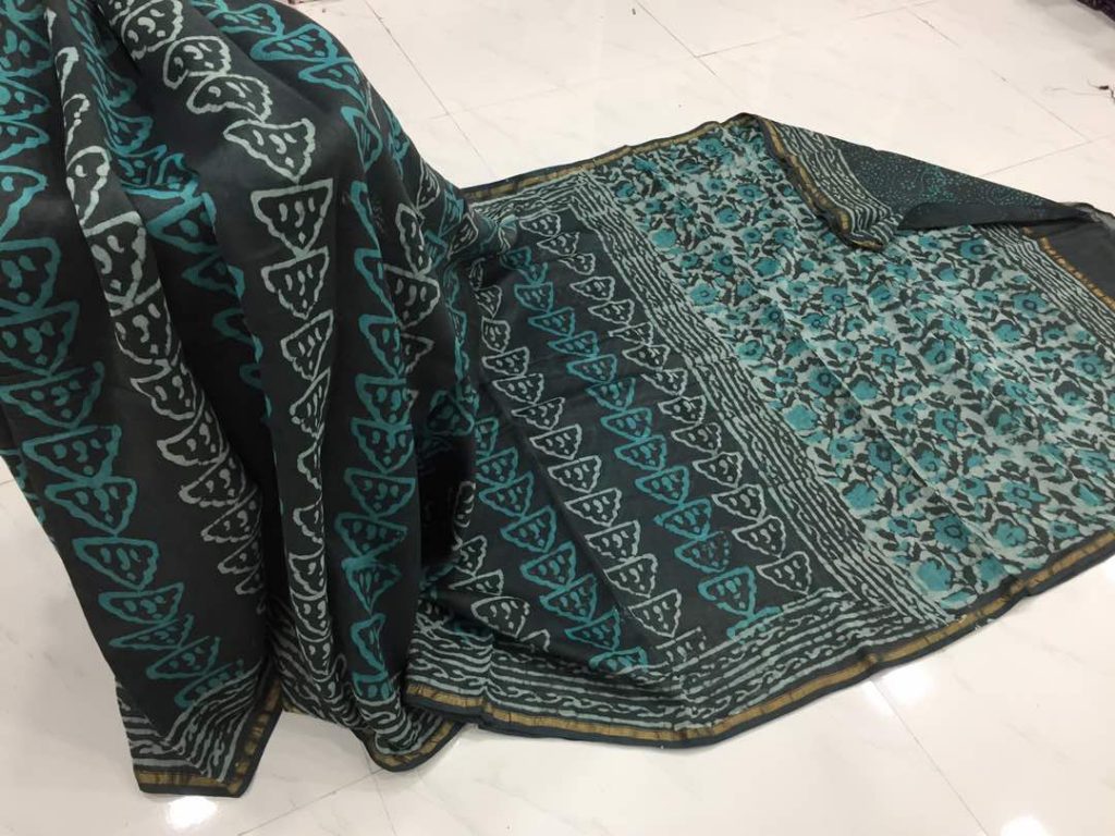 Black dabu strips print casual wear chanderi silk saree with blouse