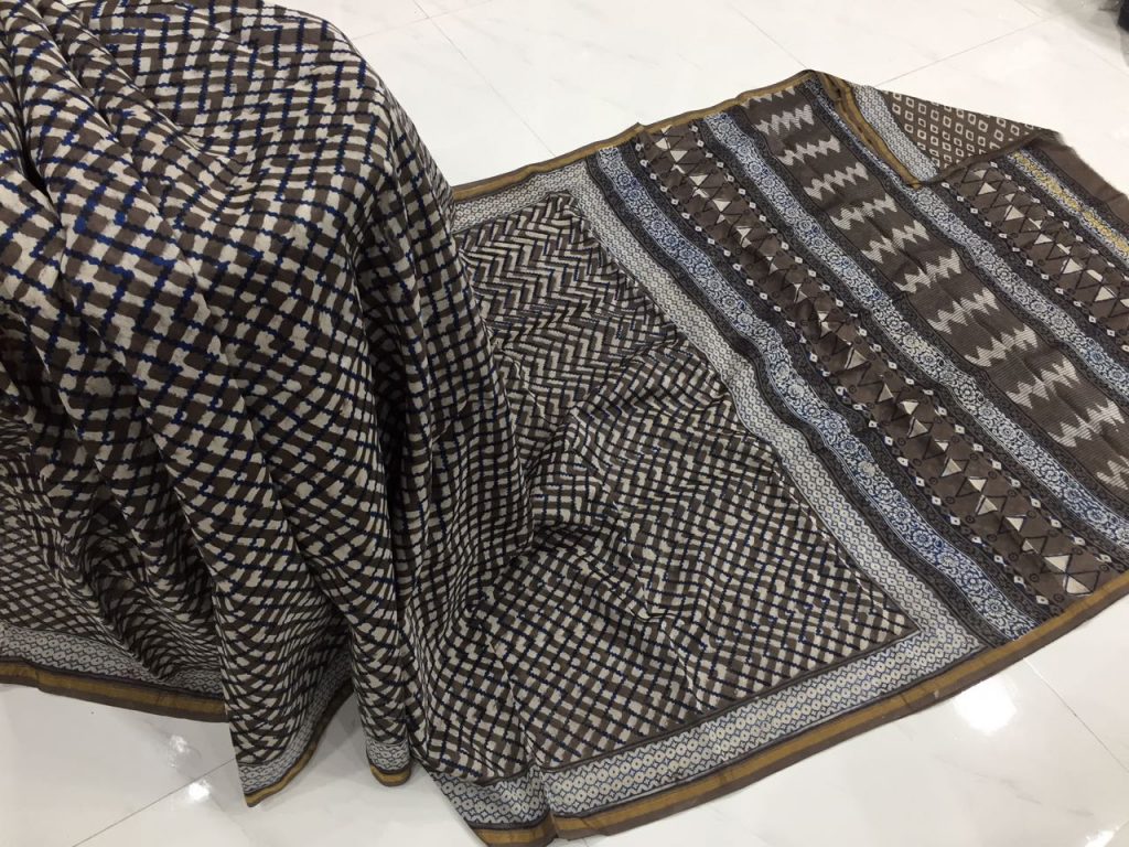 Brown bagru dabu zigzag print casual wear chanderi silk saree with blouse
