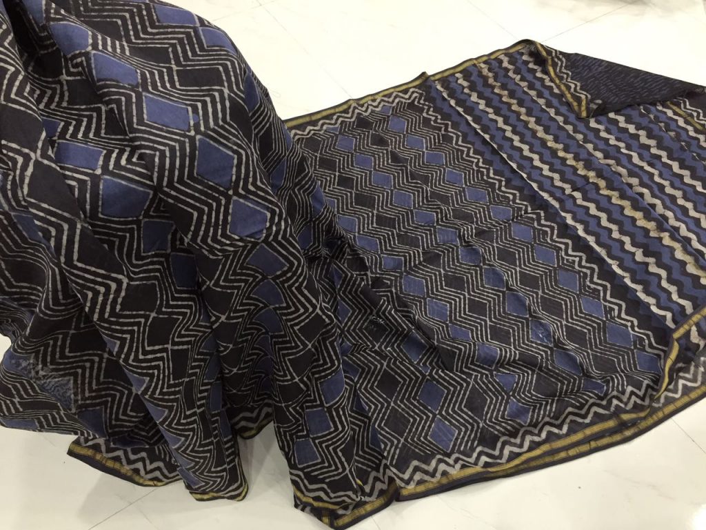 Taupe blue bagru dabu  print casual wear chanderi silk saree with blouse
