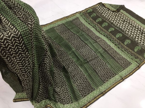 Black green bagru dabu print casual wear chanderi silk saree with blouse