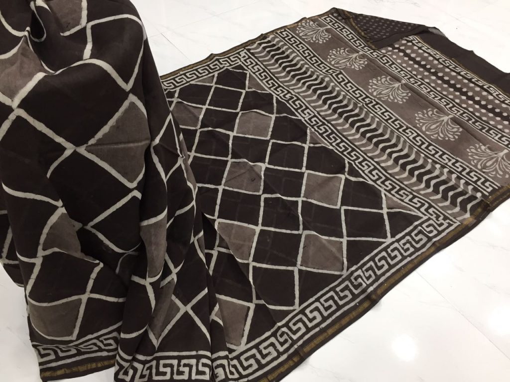 Brown taupe bagru dabu square print casual wear chanderi silk saree with blouse