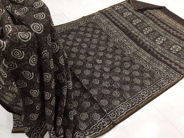 Brown bagru dabu print casual wear chanderi silk saree with blouse