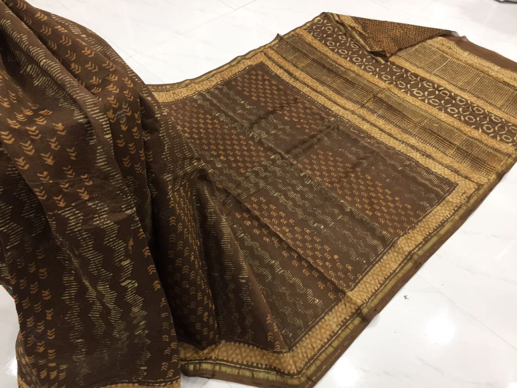 Brown amber bagru dabu print casual wear chanderi silk saree with blouse