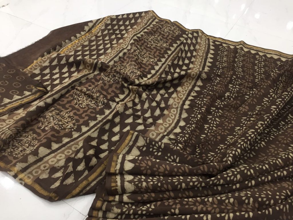 Brown bagru dabu floral print casual wear chanderi silk saree with blouse