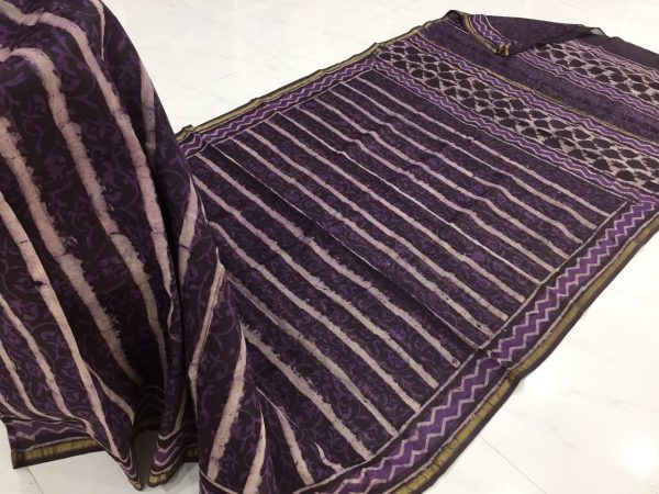 Purple dabu strips print casual wear chanderi silk saree with blouse