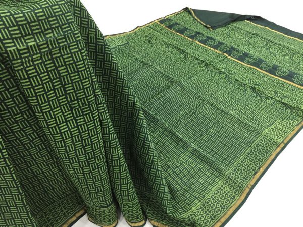 Green dabu print casual wear chanderi silk saree with blouse piece