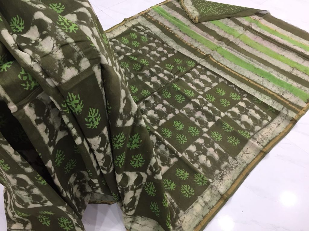 Bagru dabu zigzag print casual wear chanderi silk saree with blouse