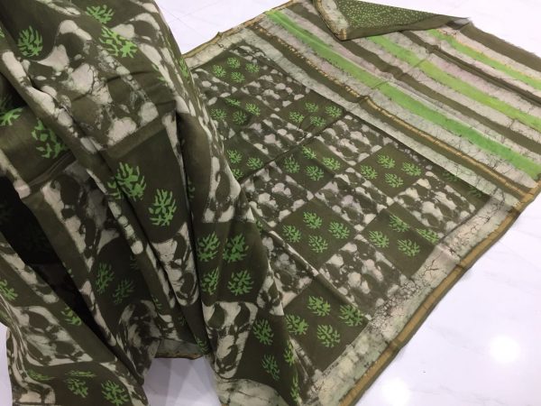 Bagru dabu zigzag print casual wear chanderi silk saree with blouse