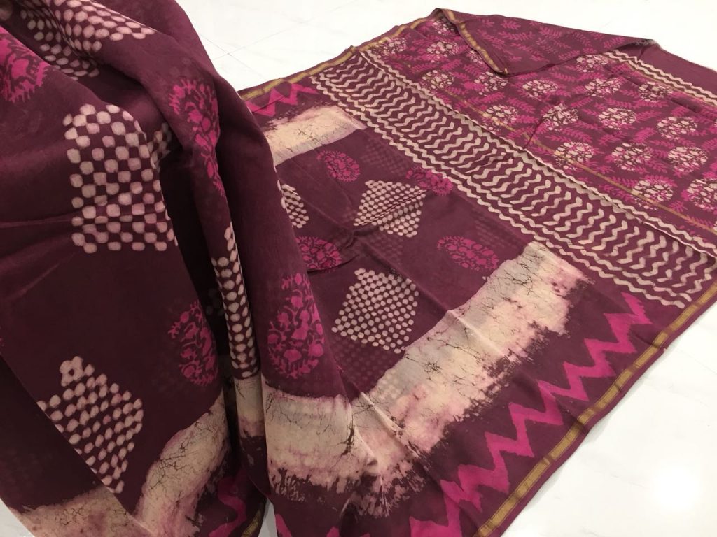 Maroon bagru dabu print casual wear chanderi silk saree with blouse