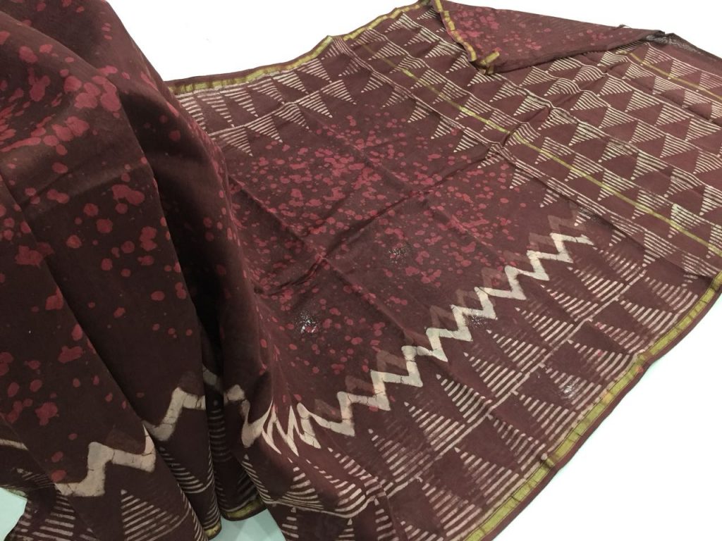 Maroon bagru dabu zigzag print casual wear chanderi silk saree with blouse