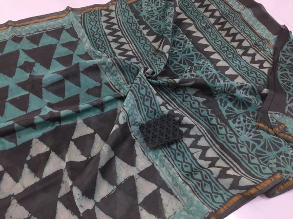 Taupe bagru dabu triangle print casual wear chanderi silk saree with blouse