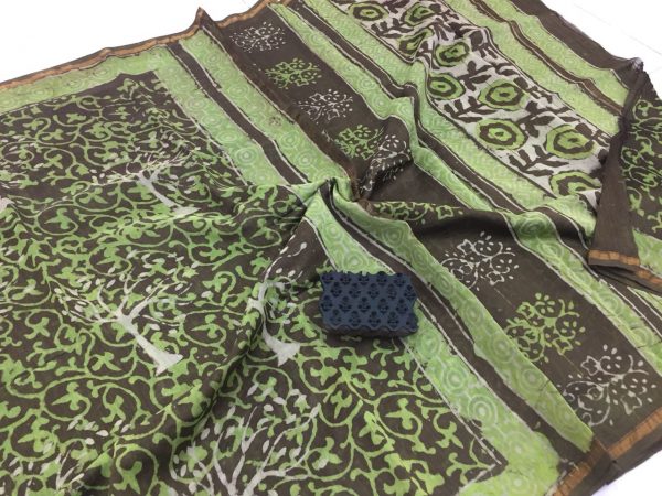 Taupe green bagru dabu tree print casual wear chanderi silk saree with blouse