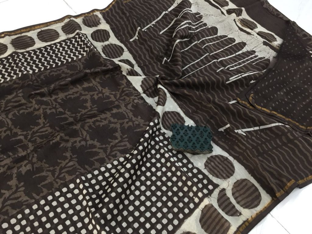 Brown bagru dabu print chanderi silk saree with blouse piece