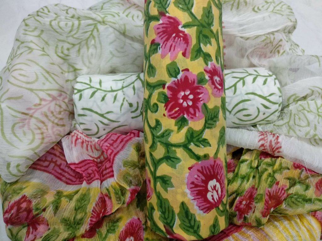Superior quality lemon rapid floral print cotton salwar suit set with chiffon dupatta