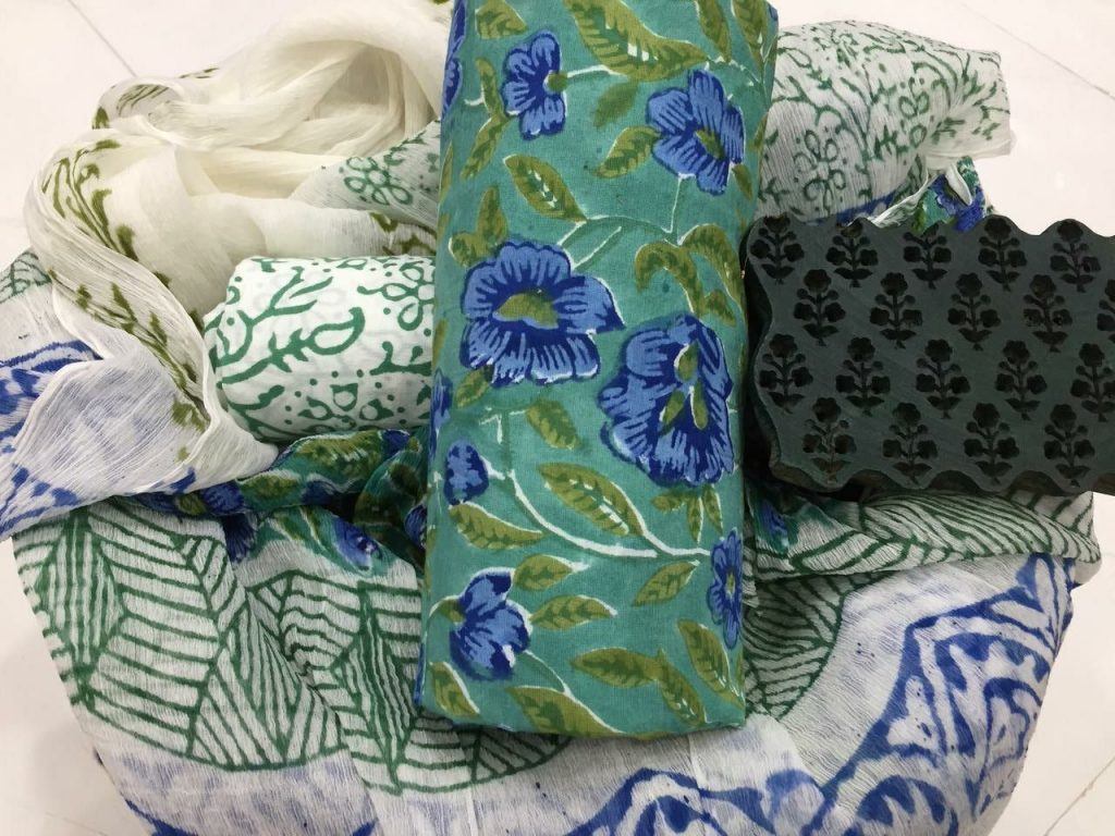 Pure jungle-green rapid floral print pure cotton salwar suit set with chiffon dupatta