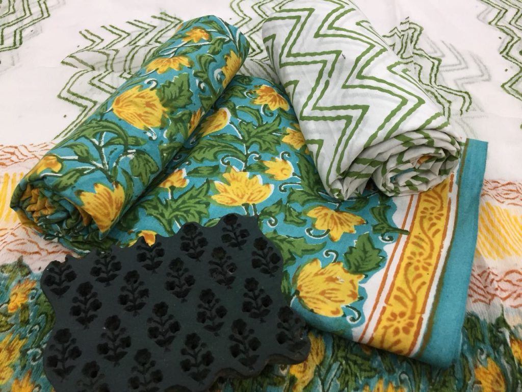 Natural rapid floral print turquoise cotton suit set with pure chiffon dupatta